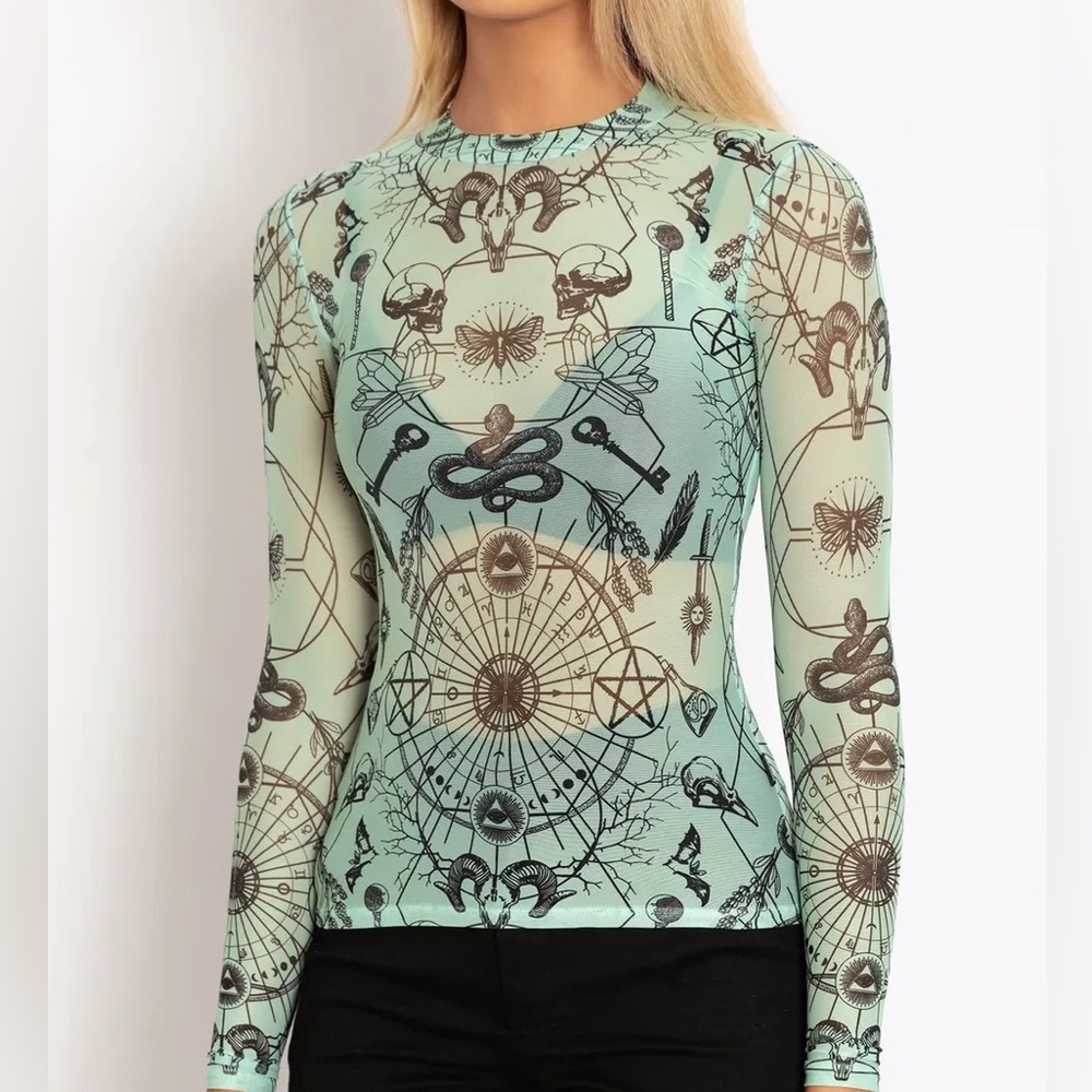 Blackmilk “SPELLCRAFT MINT SHEER HIGH NECK LONG SLEEVE TOP“ SIZE XL EXTRA LG NWT